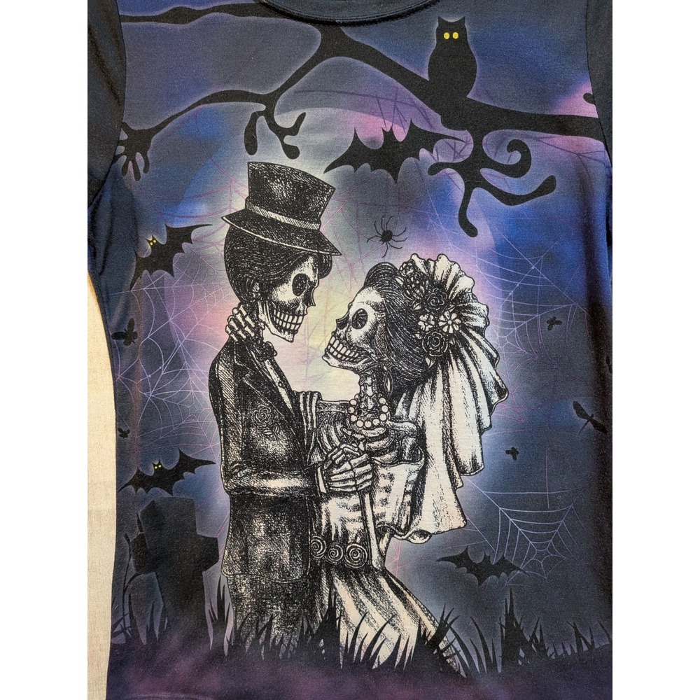 Halloween Skeleton Wedding Juniors L Owl Bat Graphic TShirt Grunge Whimsigoth‎ - Picture 2 of 4
